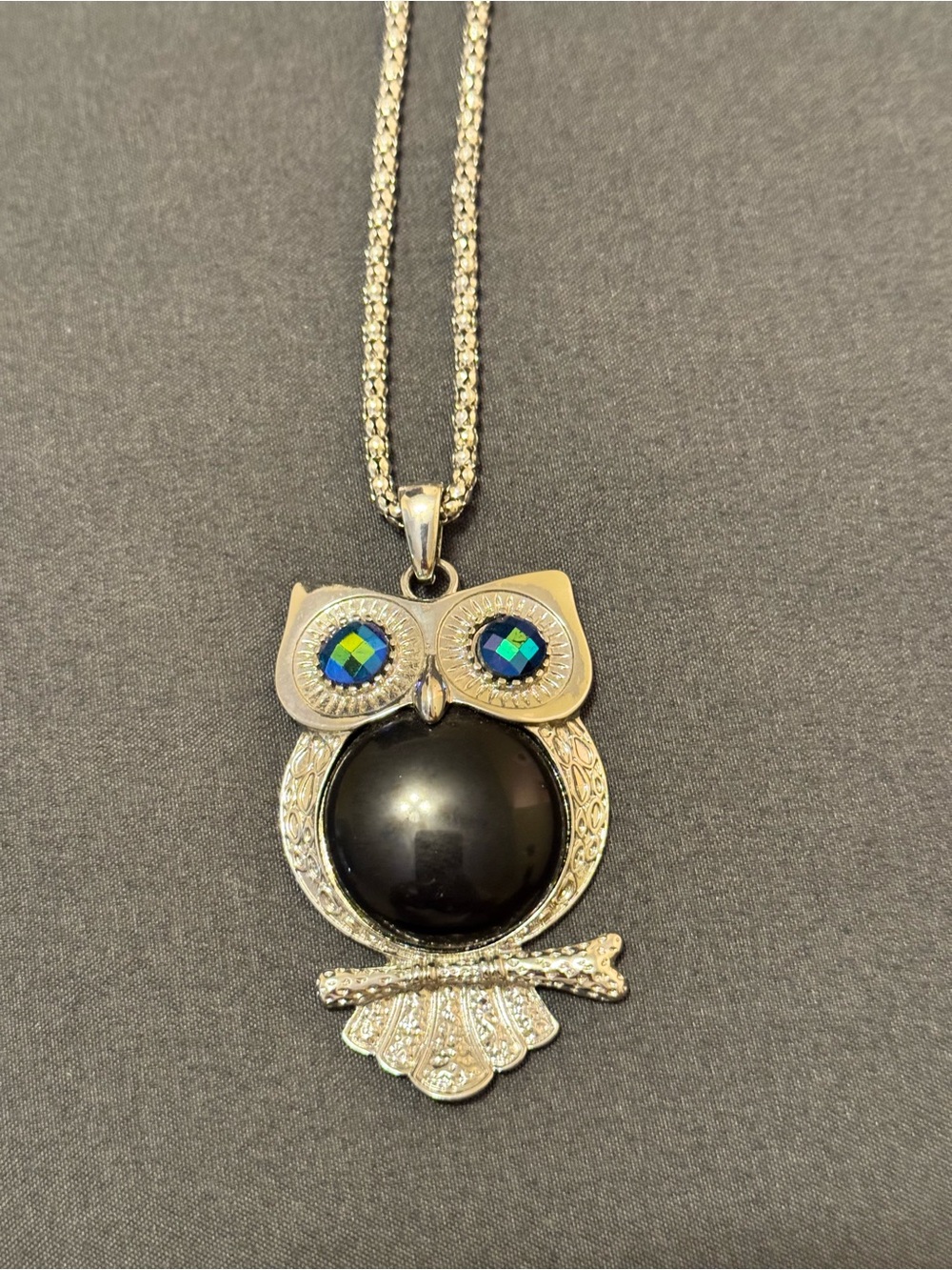 Silver Owl Pendant Necklace with Black Stone and Blue Accents - Picture 2 of 4